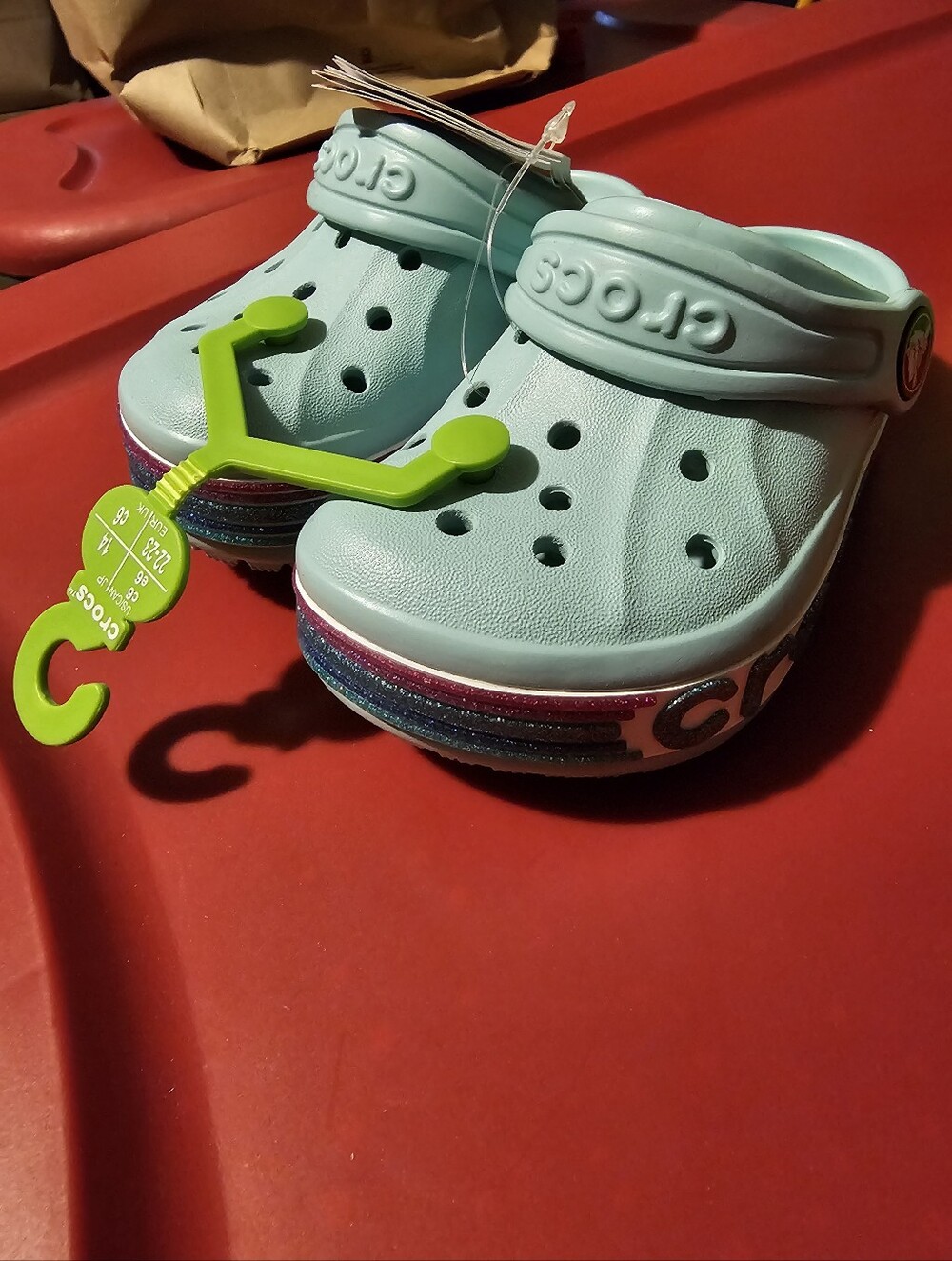 CROCS Kids Mint Green Glitter-Trim Classic Clog C6 New O00